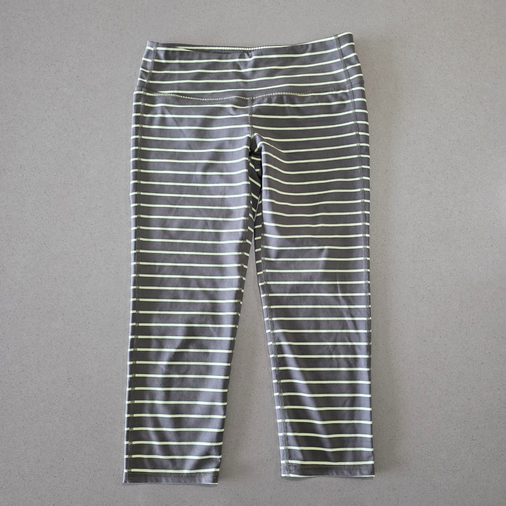 Athleta Women Gray Lime Green Striped Cropped Leggings Yoga Pants Size S